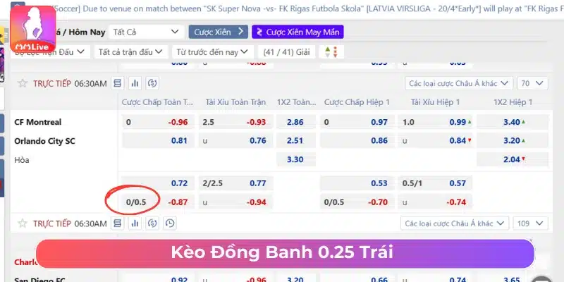 Cược kèo chấp với tỷ lệ 0.25 trái 